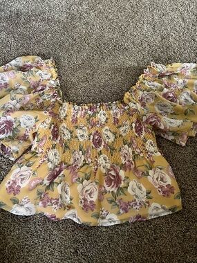 Altar'd State Yellow Floral Smocked Off-Shoulder Blouse